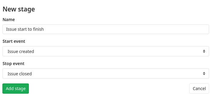 Form for creating a new stage New Value Stream Analytics Stage