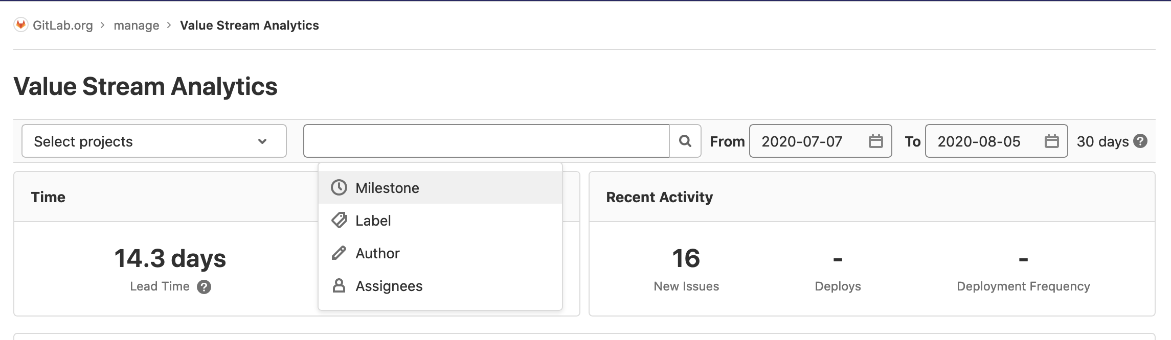 Active filter bar for value stream analytics Value stream analytics filter bar